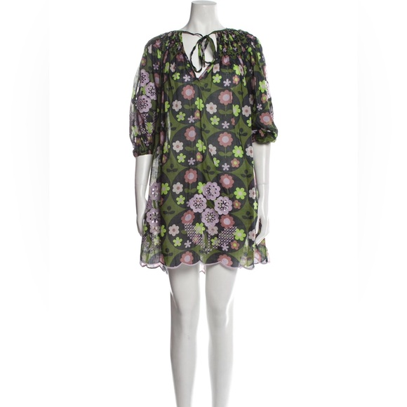 INNIKA CHOO Floral Puff Sleeve Embroidered Eyelet Mini Dress Green Ramie Small - Picture 1 of 11